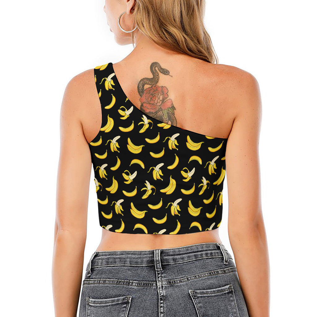 Black Cartoon Banana Pattern Print One Shoulder Crop Top