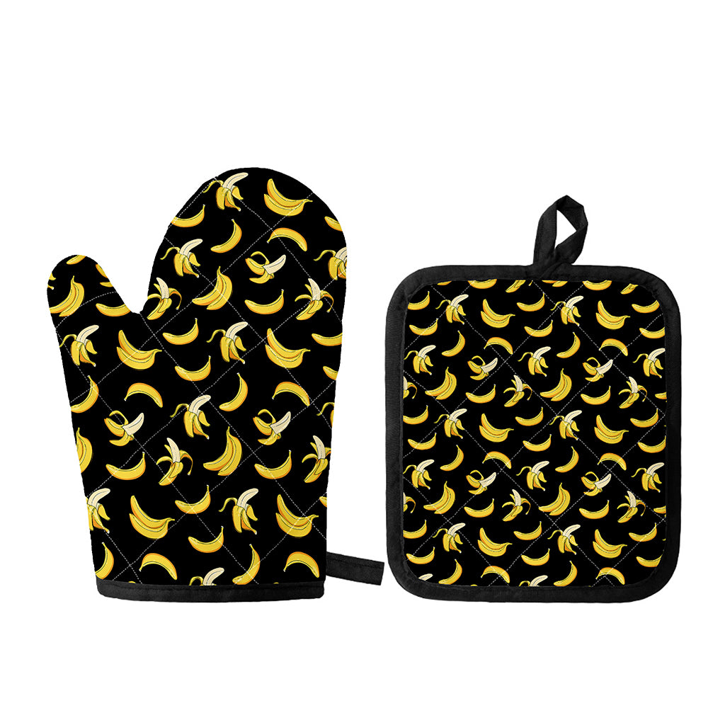 Black Cartoon Banana Pattern Print Oven Mitt And Pot Holder Set