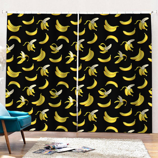 Black Cartoon Banana Pattern Print Pencil Pleat Curtains
