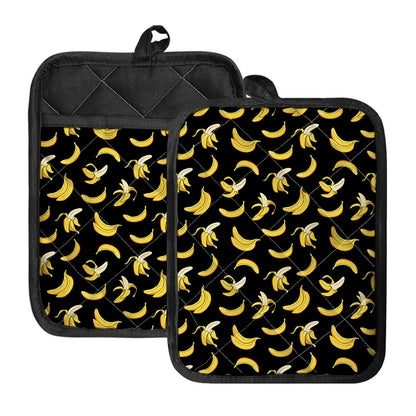 Black Cartoon Banana Pattern Print Pot Holders With Pocket