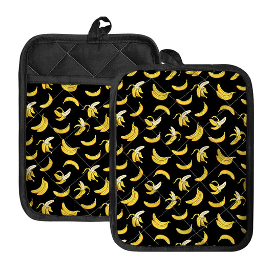 Black Cartoon Banana Pattern Print Pot Holders With Pocket