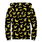 Black Cartoon Banana Pattern Print Sherpa Lined Zip Up Hoodie