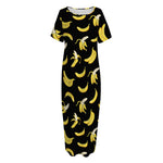 Black Cartoon Banana Pattern Print Short Sleeve Long Nightdress