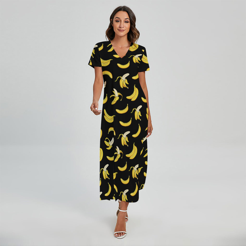 Black Cartoon Banana Pattern Print Short Sleeve Maxi Dress