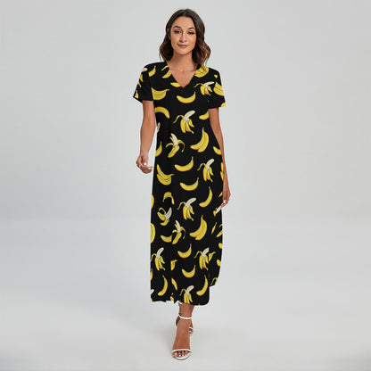 Black Cartoon Banana Pattern Print Short Sleeve Maxi Dress
