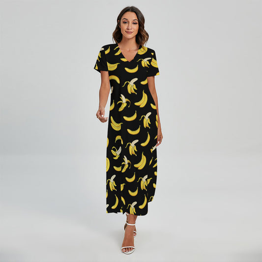 Black Cartoon Banana Pattern Print Short Sleeve Maxi Dress