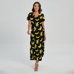 Black Cartoon Banana Pattern Print Short Sleeve Maxi Dress