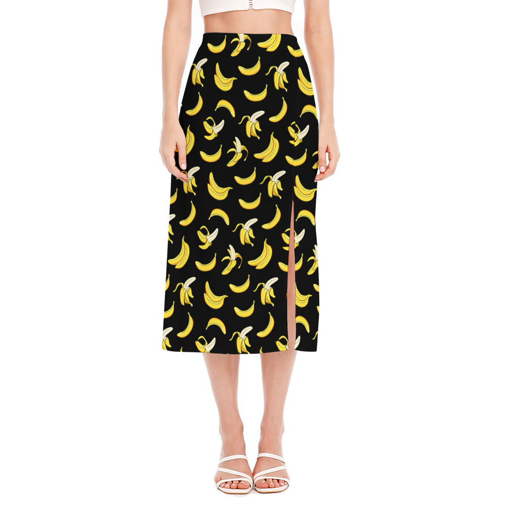 Black Cartoon Banana Pattern Print Side Slit Midi Skirt