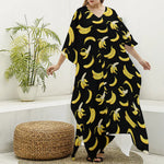Black Cartoon Banana Pattern Print Silk V-Neck Kaftan Dress
