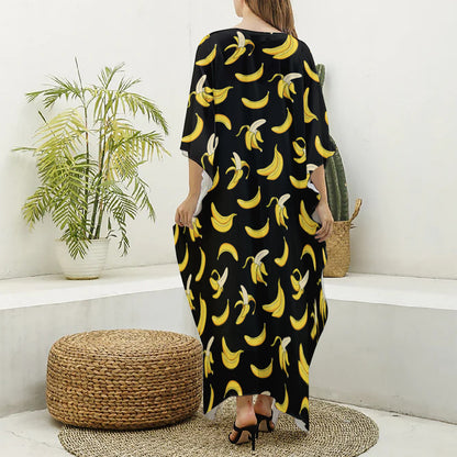 Black Cartoon Banana Pattern Print Silk V-Neck Kaftan Dress