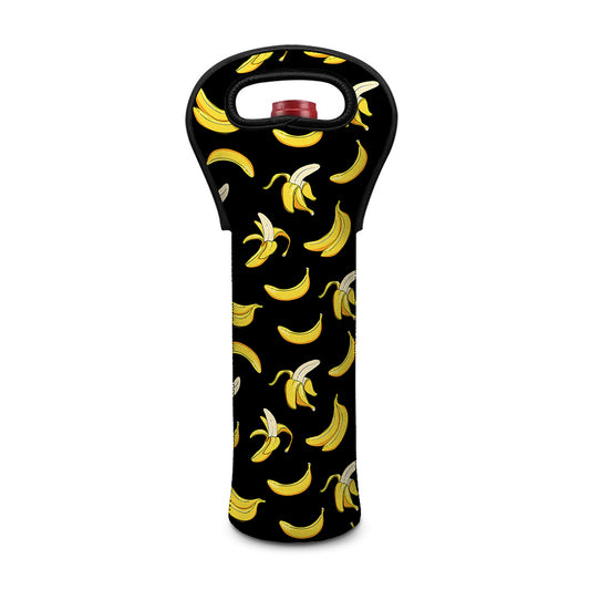 Black Cartoon Banana Pattern Print Single Neoprene Wine Tote