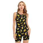 Black Cartoon Banana Pattern Print Sleeveless One Piece Swimsuit