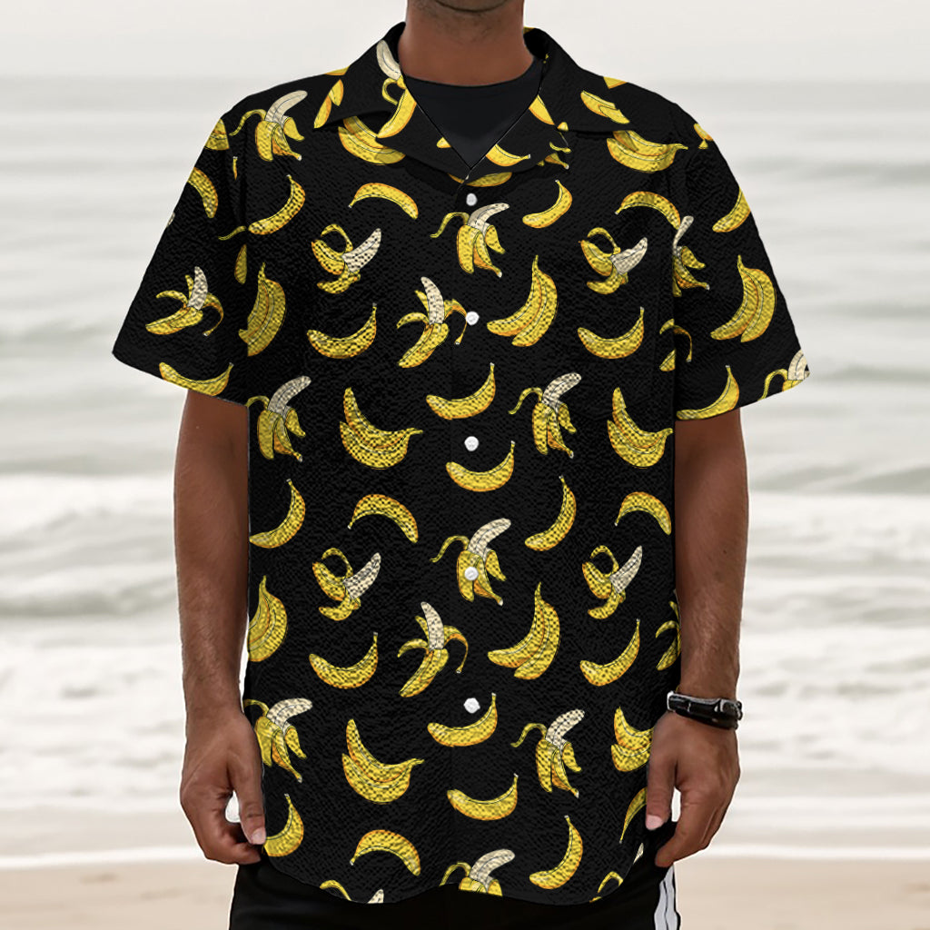 Black Cartoon Banana Pattern Print Textured Short Sleeve Shirt