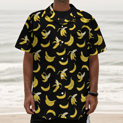 Black Cartoon Banana Pattern Print Textured Short Sleeve Shirt
