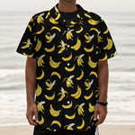 Black Cartoon Banana Pattern Print Textured Short Sleeve Shirt