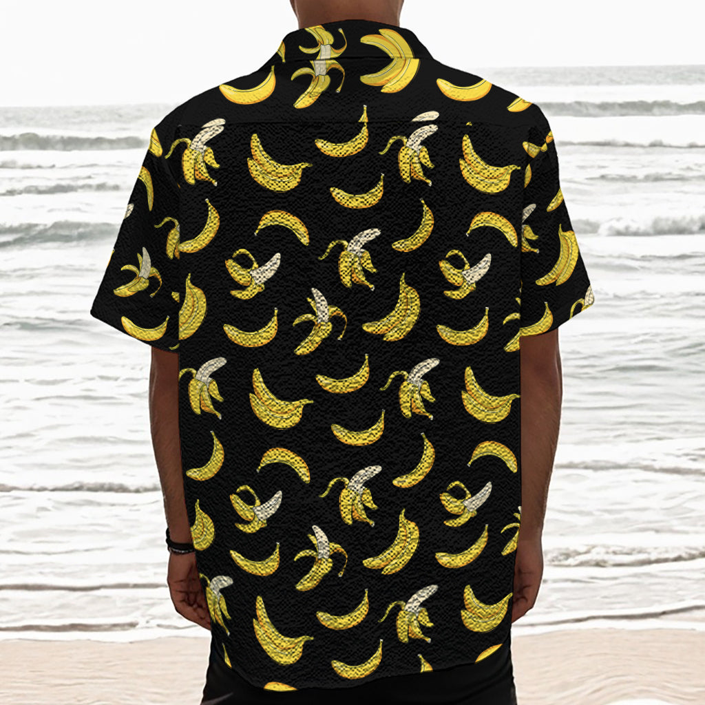 Black Cartoon Banana Pattern Print Textured Short Sleeve Shirt