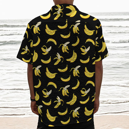 Black Cartoon Banana Pattern Print Textured Short Sleeve Shirt
