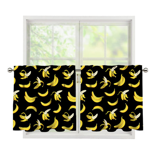 Black Cartoon Banana Pattern Print Tier Curtains