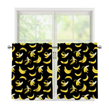 Black Cartoon Banana Pattern Print Tier Curtains