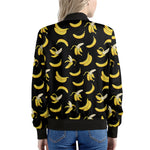 Black Cartoon Banana Pattern Print Women's Bomber Jacket