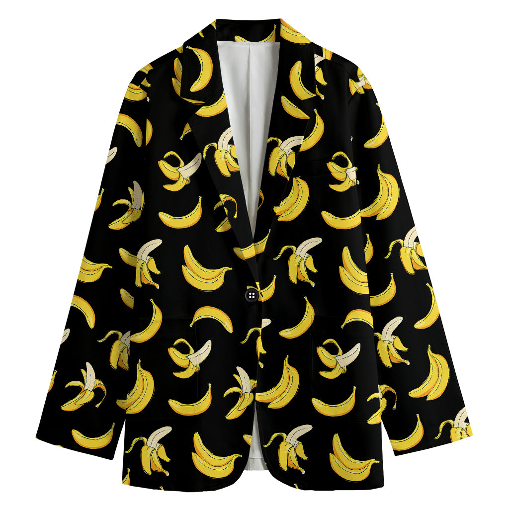 Black Cartoon Banana Pattern Print Women's Cotton Blazer