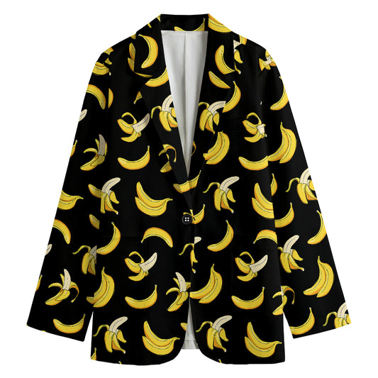 Black Cartoon Banana Pattern Print Women's Cotton Blazer
