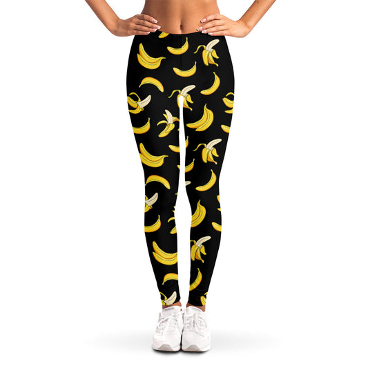 Black Cartoon Banana Pattern Print Women's Leggings