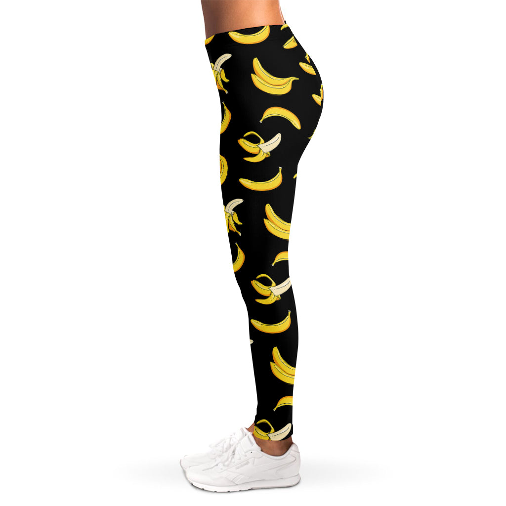 Black Cartoon Banana Pattern Print Women's Leggings