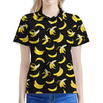 Black Cartoon Banana Pattern Print Women's Polo Shirt