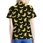 Black Cartoon Banana Pattern Print Women's Polo Shirt
