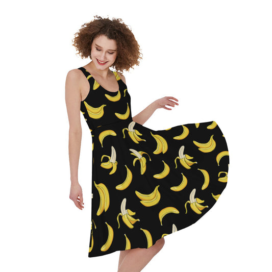 Black Cartoon Banana Pattern Print Women's Sleeveless Dress
