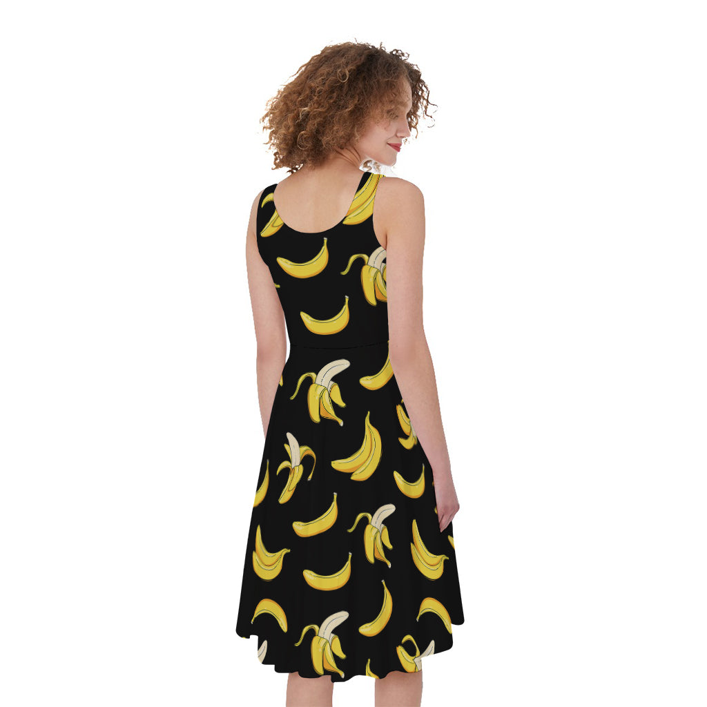Black Cartoon Banana Pattern Print Women's Sleeveless Dress