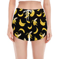 Black Cartoon Banana Pattern Print Women's Split Running Shorts