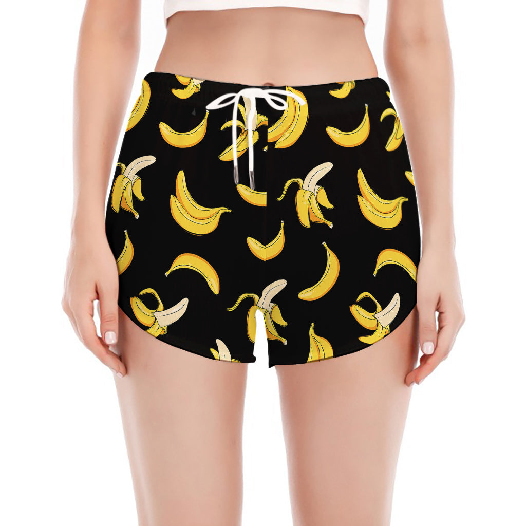 Black Cartoon Banana Pattern Print Women's Split Running Shorts