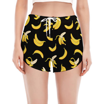 Black Cartoon Banana Pattern Print Women's Split Running Shorts