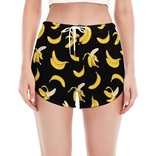 Black Cartoon Banana Pattern Print Women's Split Running Shorts
