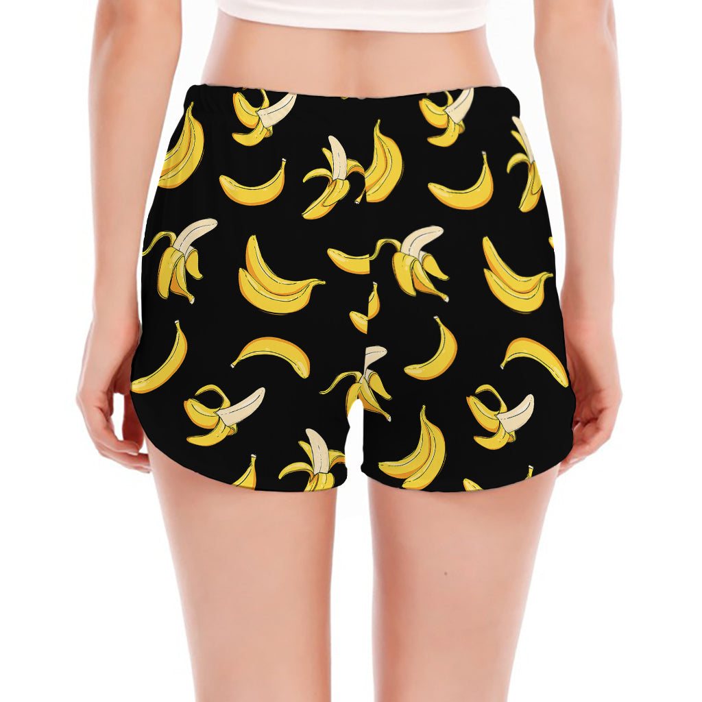 Black Cartoon Banana Pattern Print Women's Split Running Shorts
