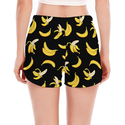 Black Cartoon Banana Pattern Print Women's Split Running Shorts