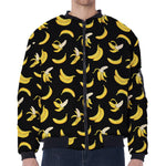 Black Cartoon Banana Pattern Print Zip Sleeve Bomber Jacket