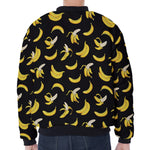 Black Cartoon Banana Pattern Print Zip Sleeve Bomber Jacket