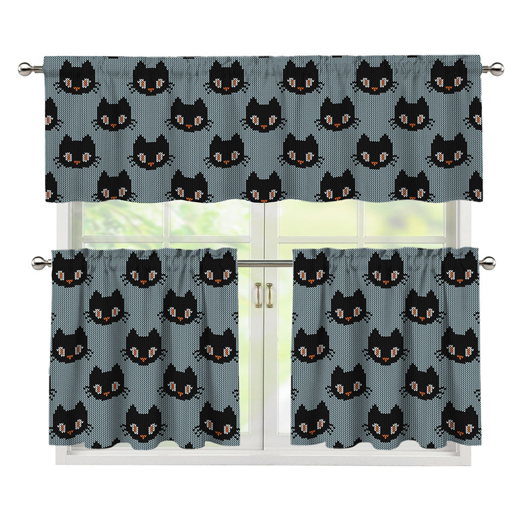 Black Cat Knitted Pattern Print 3 Piece Kitchen Curtains