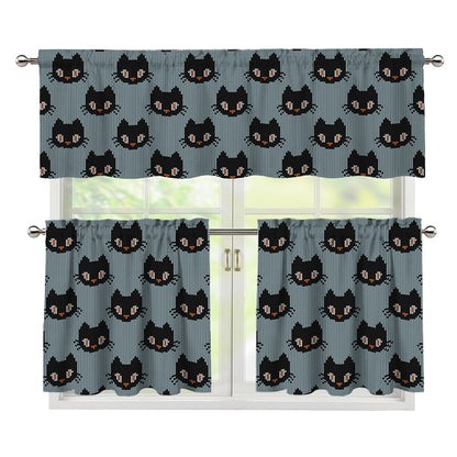 Black Cat Knitted Pattern Print 3 Piece Kitchen Curtains