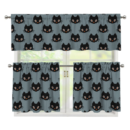Black Cat Knitted Pattern Print 3 Piece Kitchen Curtains