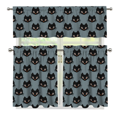 Black Cat Knitted Pattern Print 3 Piece Kitchen Curtains