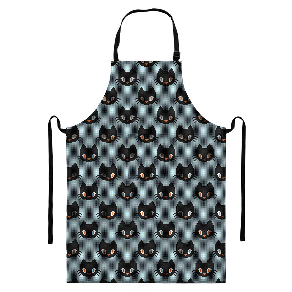Black Cat Knitted Pattern Print Bib Apron With Pocket
