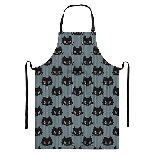Black Cat Knitted Pattern Print Bib Apron With Pocket