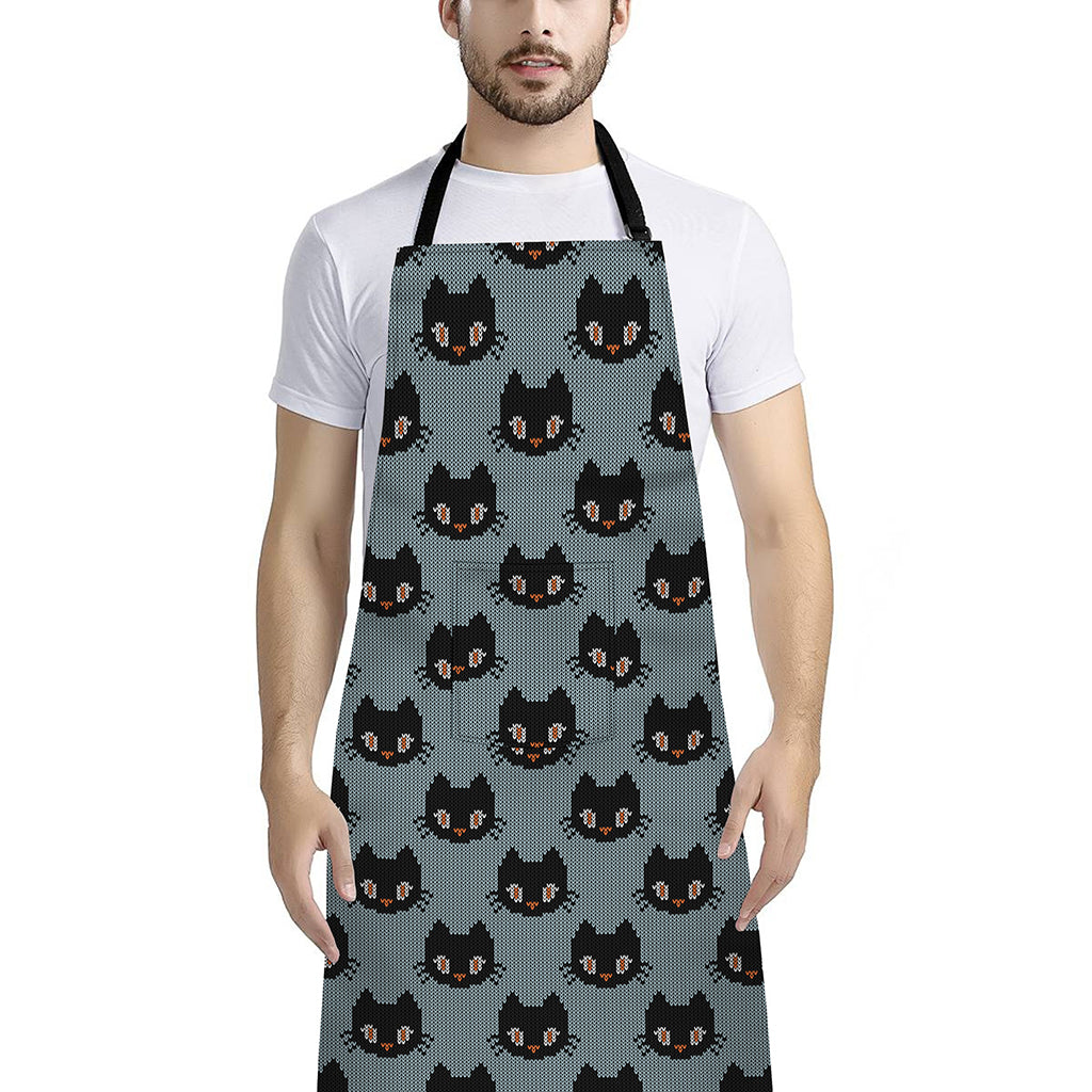 Black Cat Knitted Pattern Print Bib Apron With Pocket