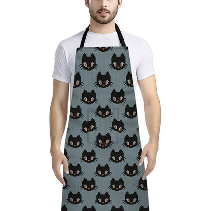 Black Cat Knitted Pattern Print Bib Apron With Pocket