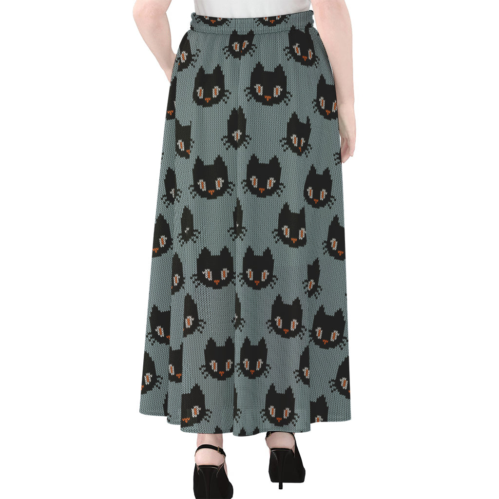 Black Cat Knitted Pattern Print Chiffon Maxi Skirt