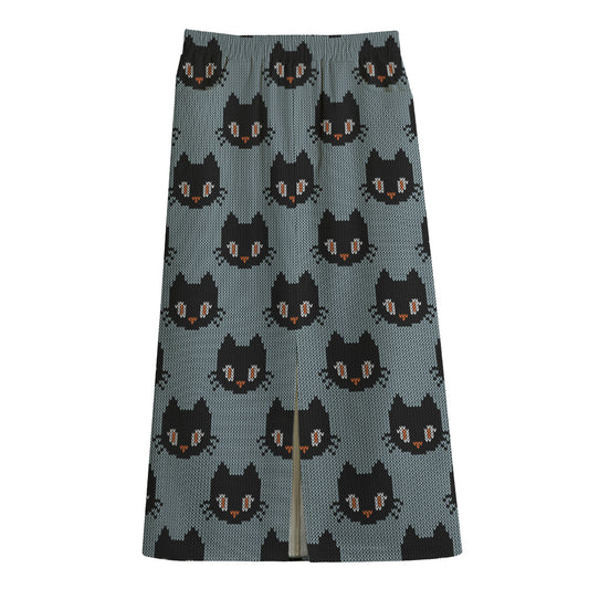 Black Cat Knitted Pattern Print Cotton Front Slit Maxi Skirt